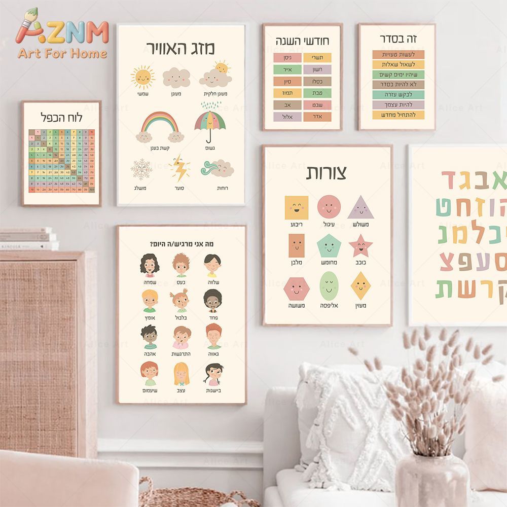 Kids Education Alphabet Numbers - AZNM Hebrew Educational Canvas Print, Boho